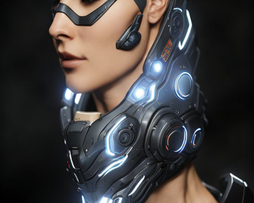 Futuristic helmet and neck gear with glowing blue lights on dark background