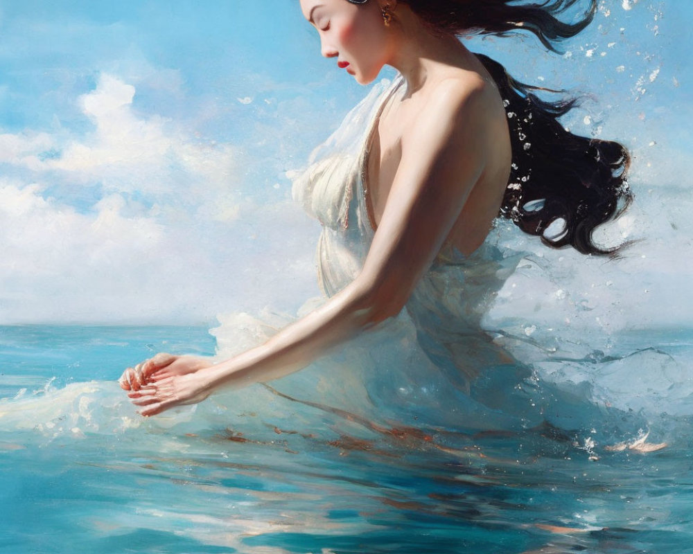 Woman in white dress with dark hair immersed in water by the sea.