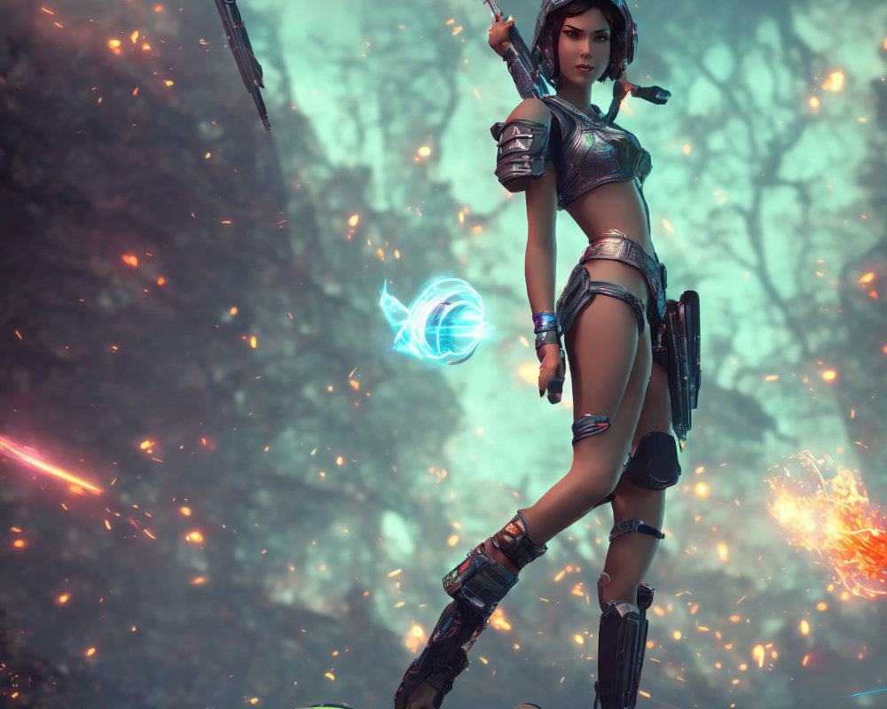 Female warrior in futuristic armor with glowing blue weapon among floating crystals