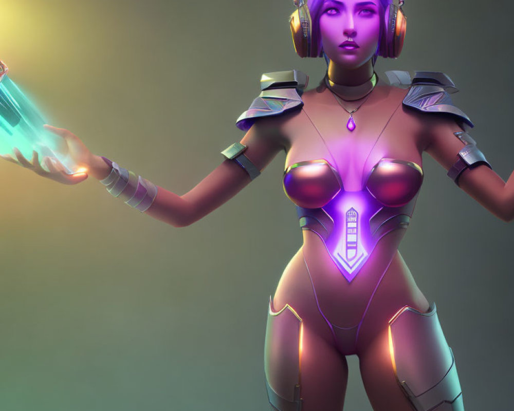 Purple-haired female in futuristic armor with headphones holding blue energy source