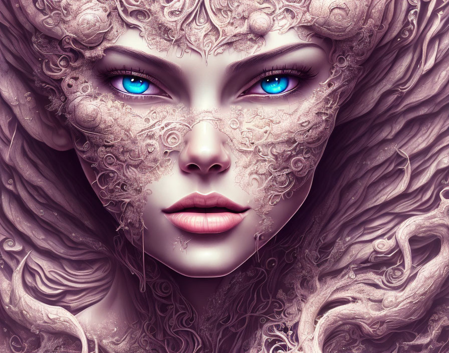 Fantastical female face with intricate lace-like designs and piercing blue eyes