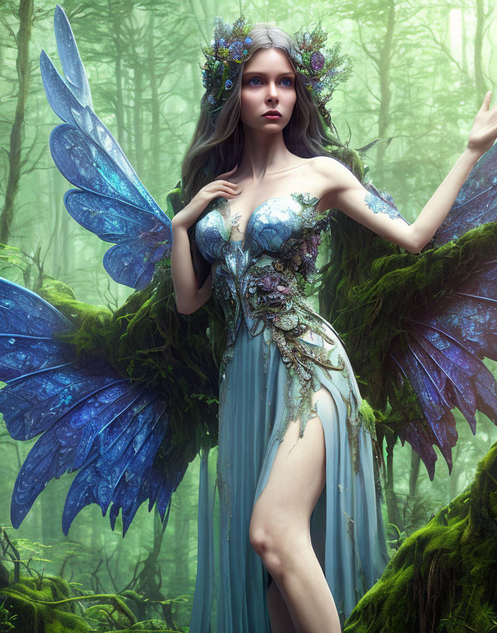 Blue-winged fairy in misty forest with floral wreath