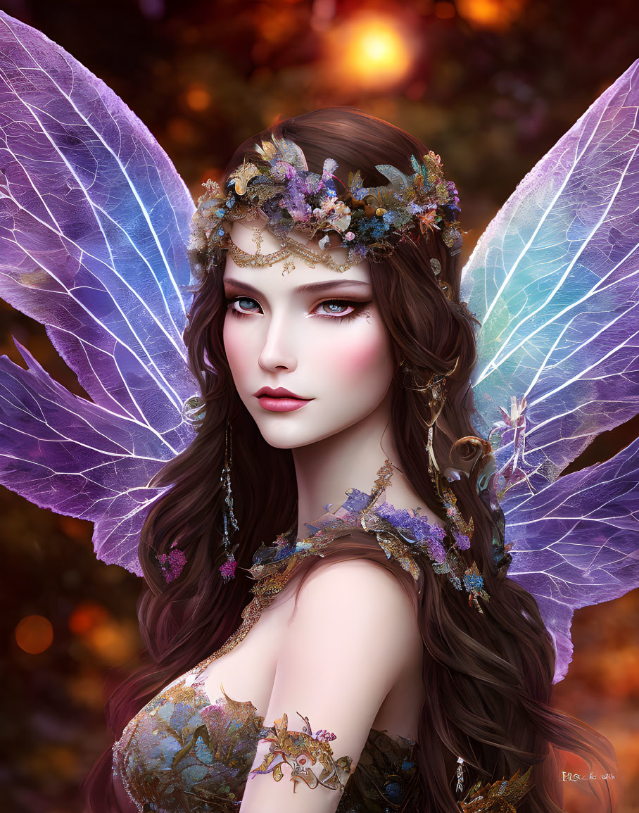 Whimsical fairy with purple wings and floral crown in vibrant digital artwork