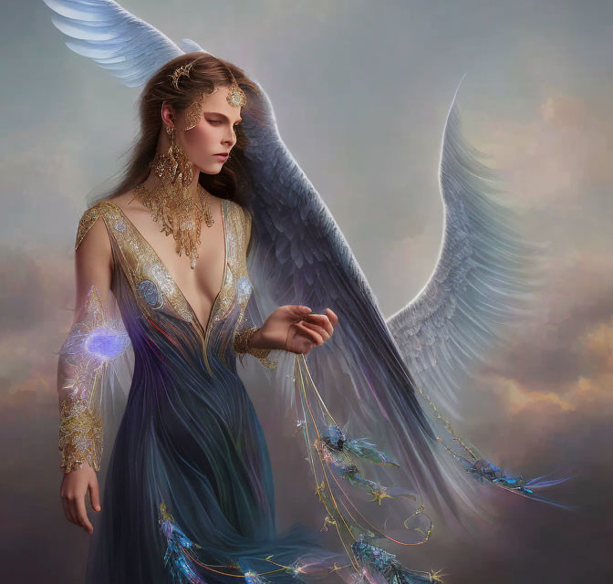 Ethereal winged figure in multicolored gown with golden jewelry
