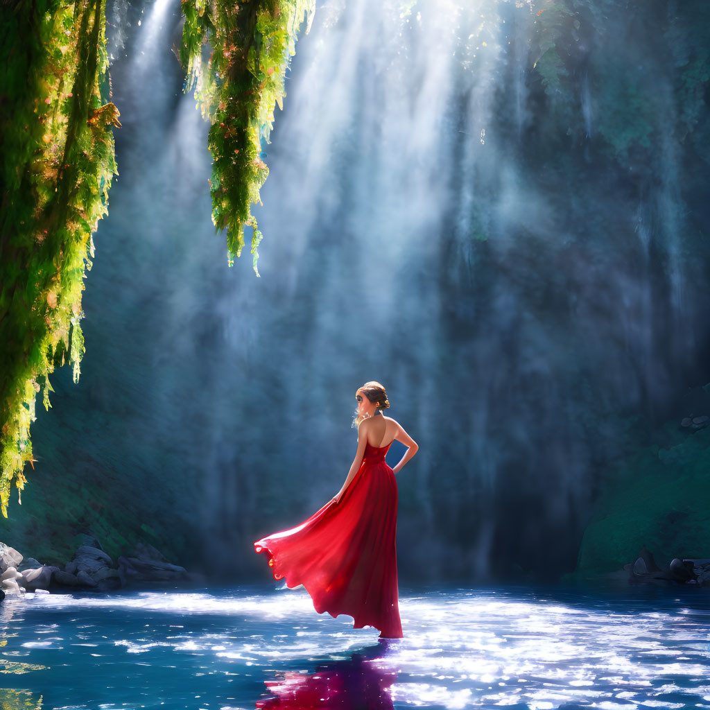 Woman in Red Dress Standing by Serene Lake in Misty Setting