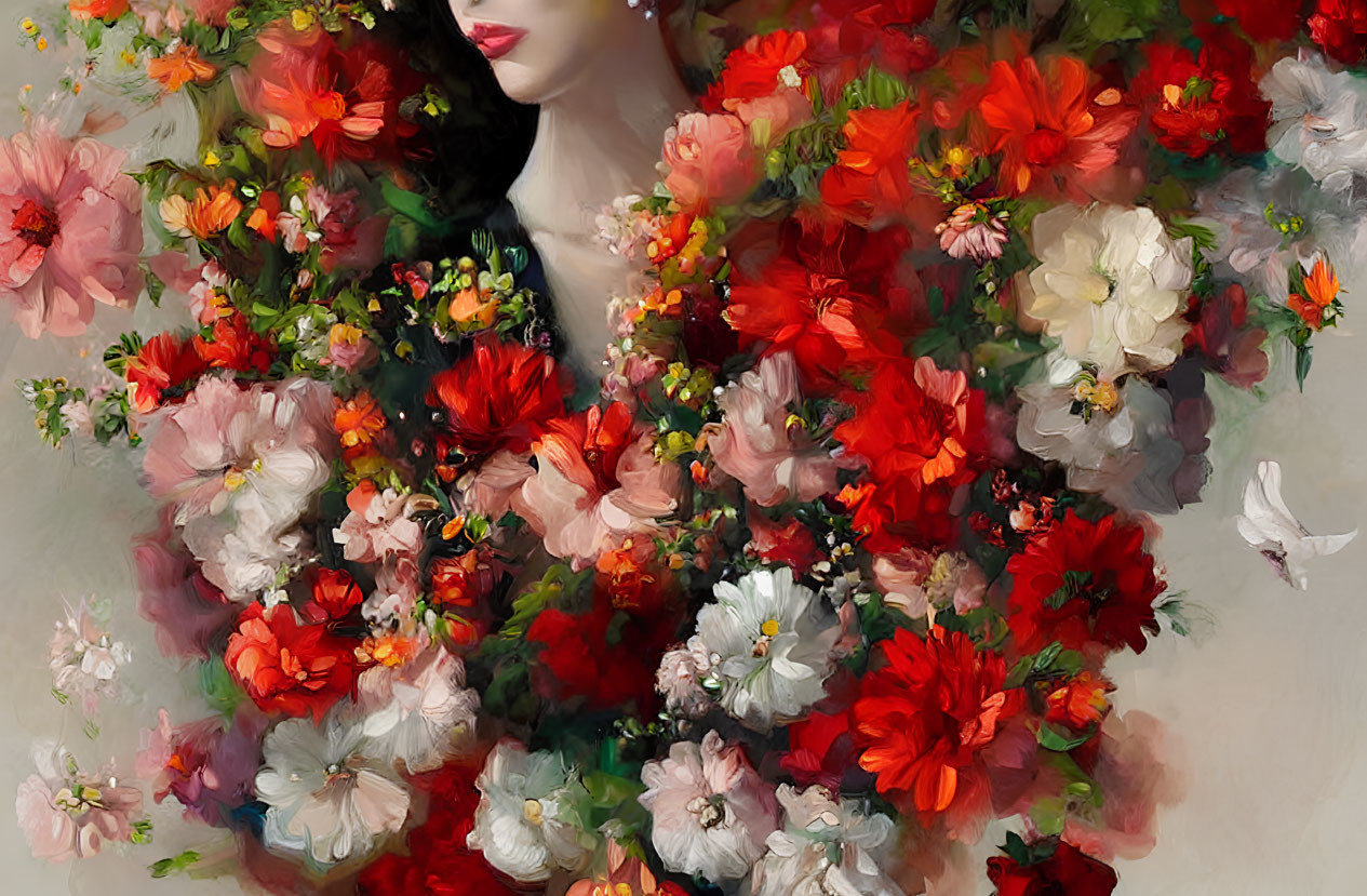 Colorful artistic representation of person obscured by painted flowers in red, pink, and white.