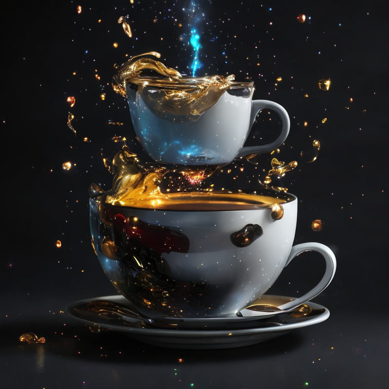 Stacked cups with gold and blue liquid splash on dark background