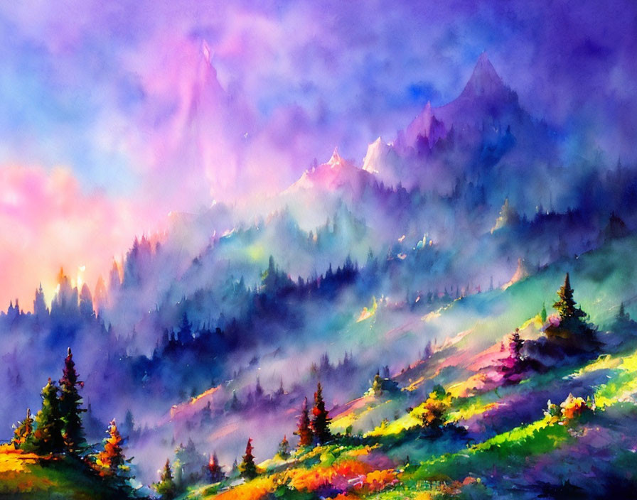 Colorful Watercolor Painting of Misty Mountains and Dreamy Sky