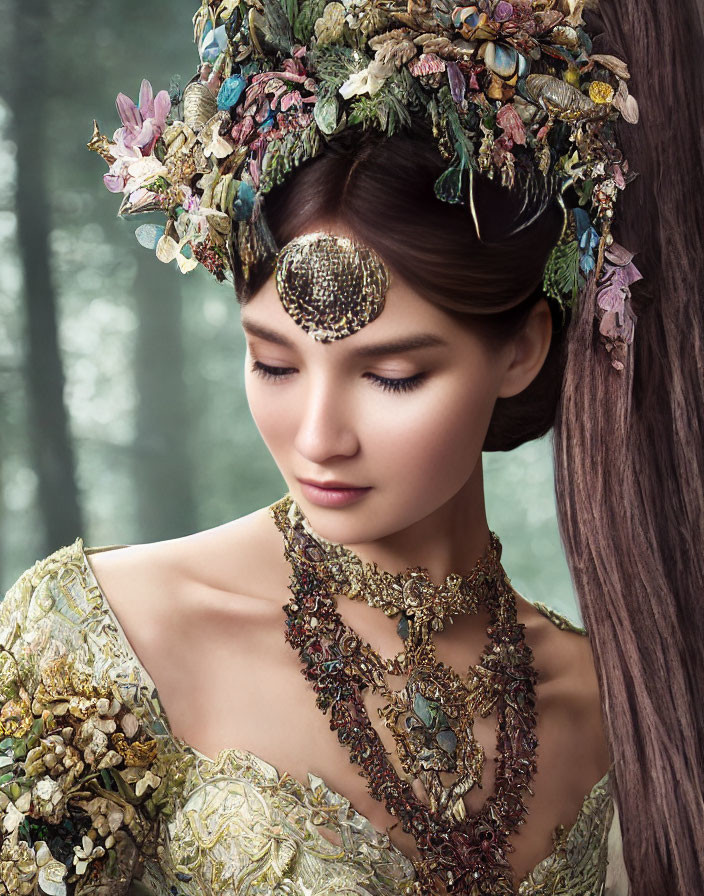 Elaborate Floral Headpiece and Ornate Necklace on Woman against Forest Background