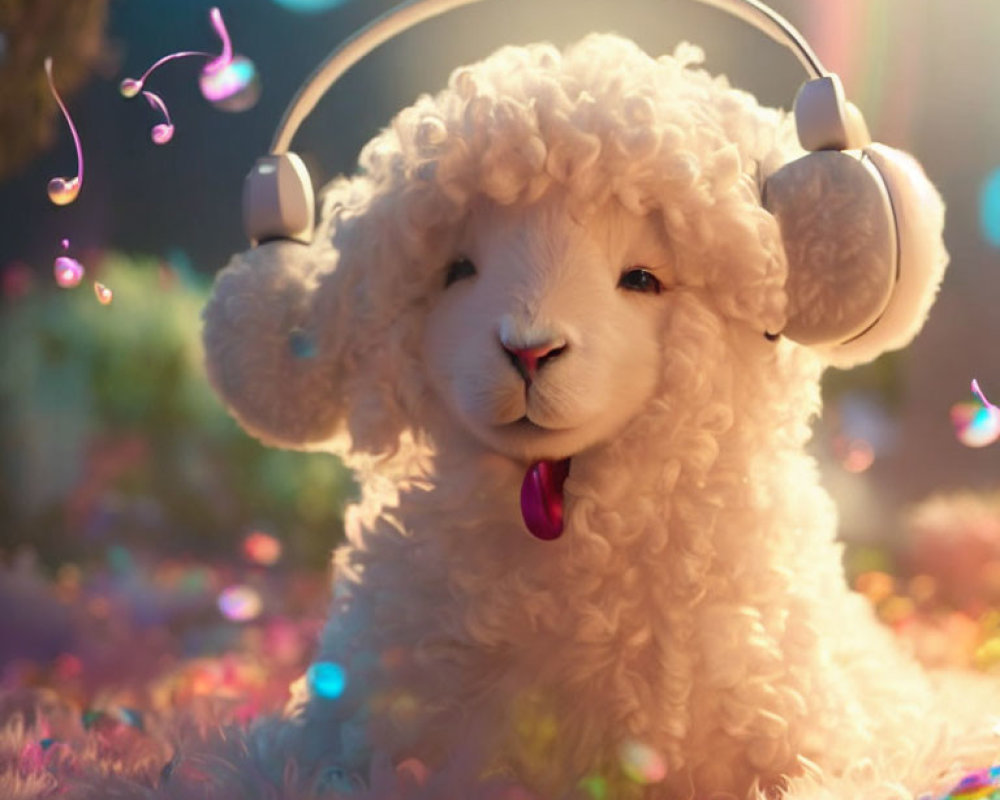 Animated lamb with headphones in colorful, whimsical scene