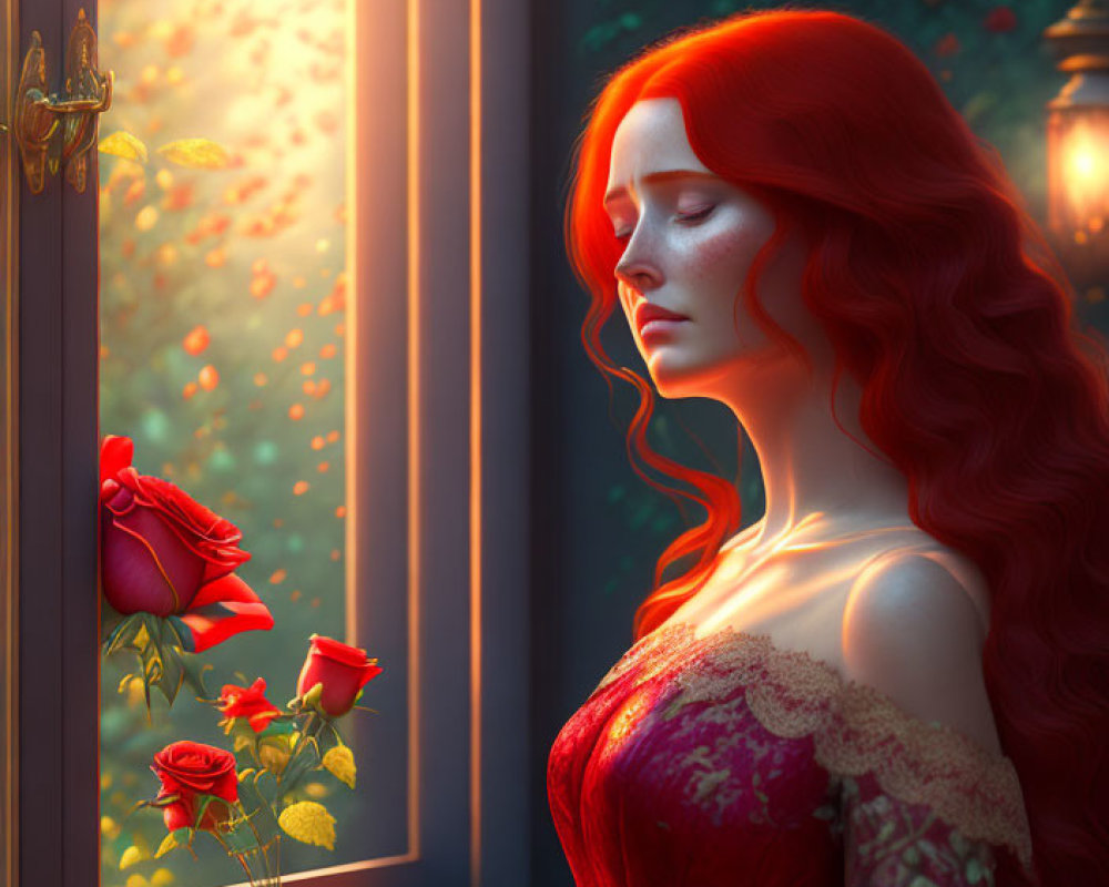 Vibrant red-haired woman by window with red roses and sunlight