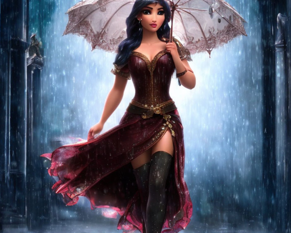 Stylized animated woman with black hair holding lacy umbrella in rain