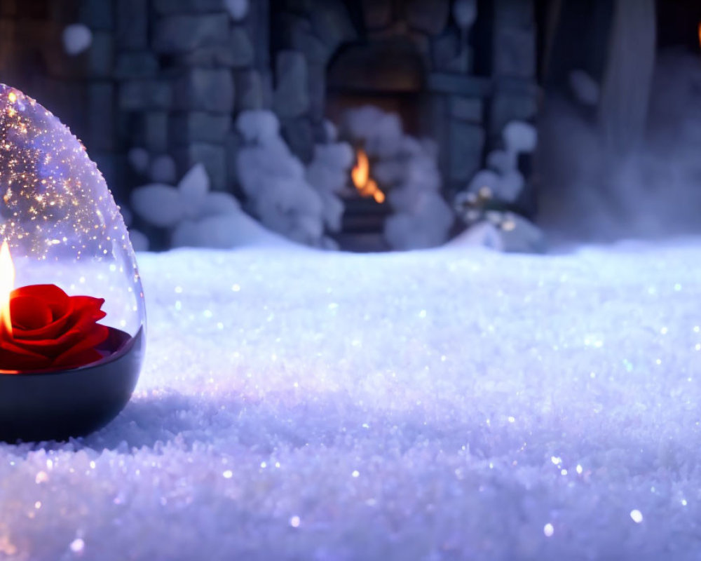 Glowing candle and rose in glass dome on snowy surface with fireplace in background