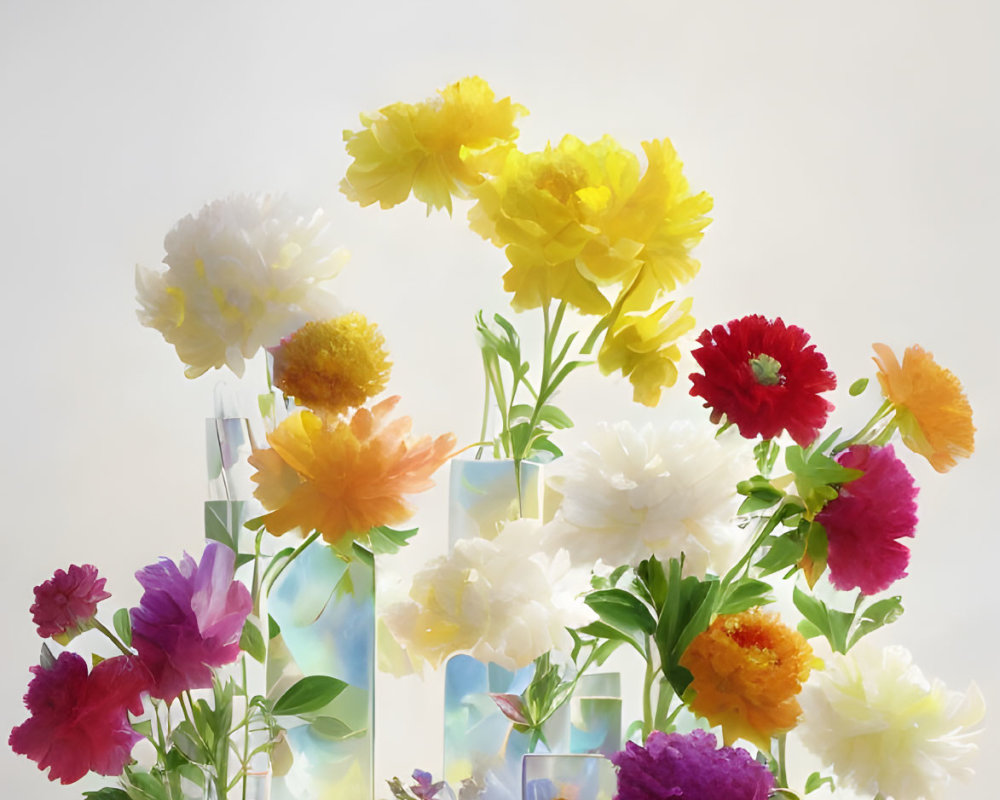 Assorted colorful flowers in transparent vases on soft background