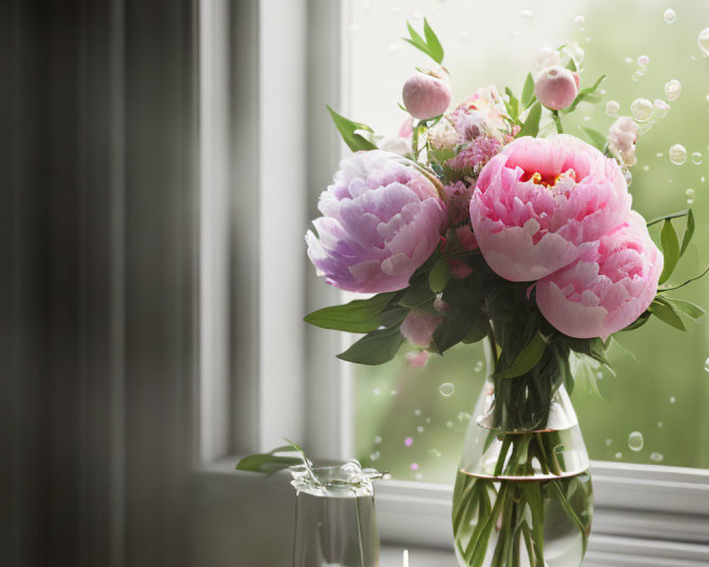 Pink peonies in vase on white table by rainy window with candle and oil bottle