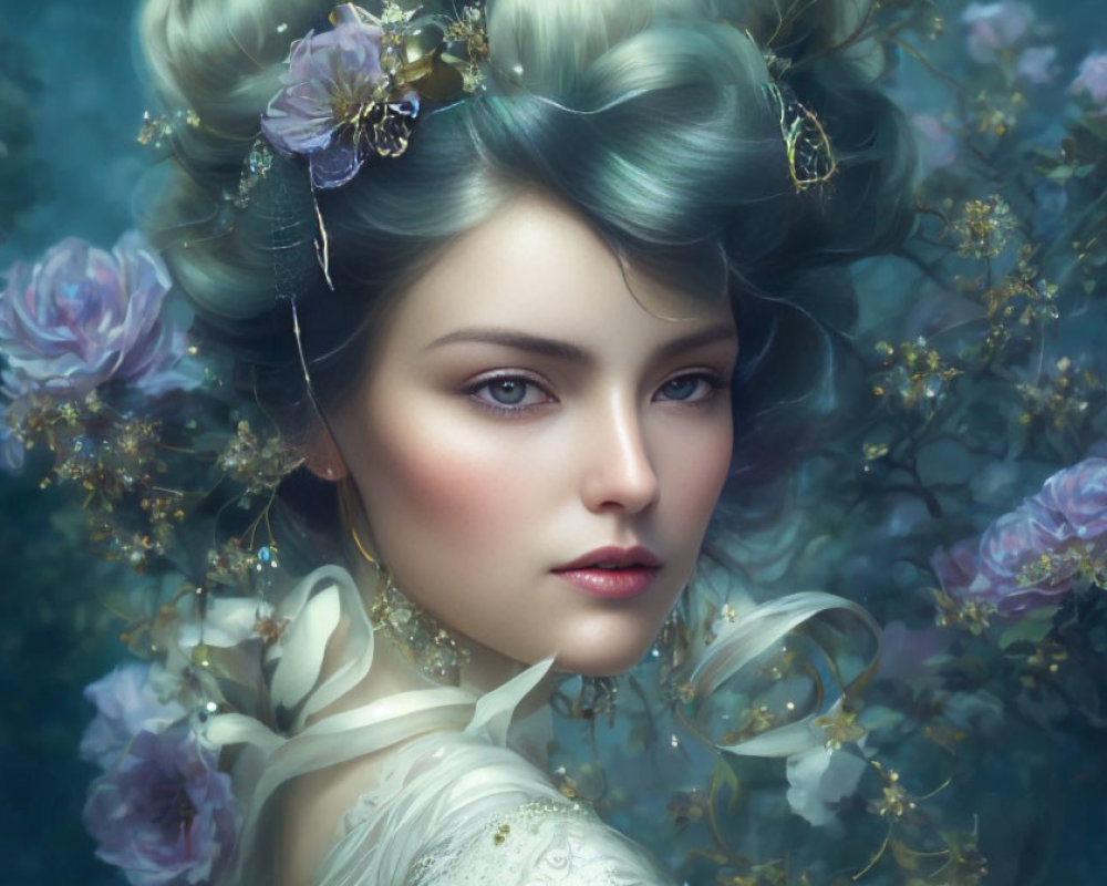 Portrait of Woman with Pastel Blue Hair and Flowers in Dreamlike Setting