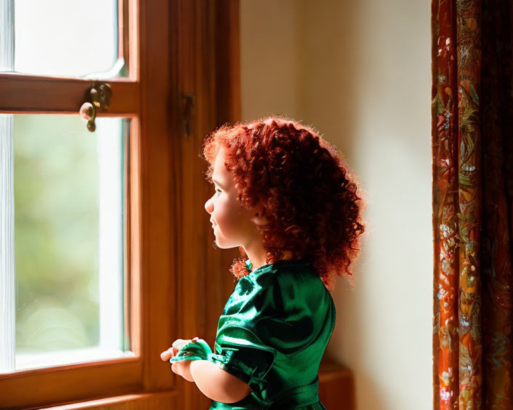 Curly Red-Haired Child in Green Outfit by Window in Warm Light
