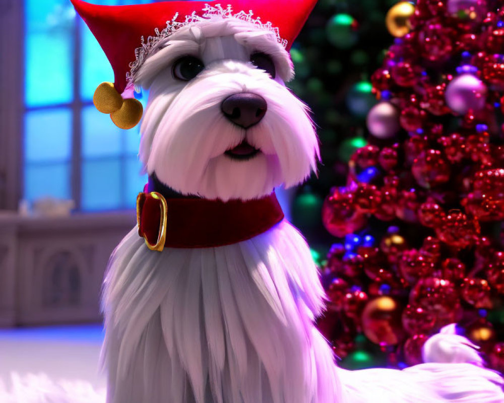Fluffy white dog in red Christmas hat by decorated tree