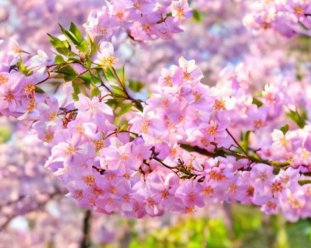 Pink Cherry Blossoms in Sunny Sky with Flowering Trees