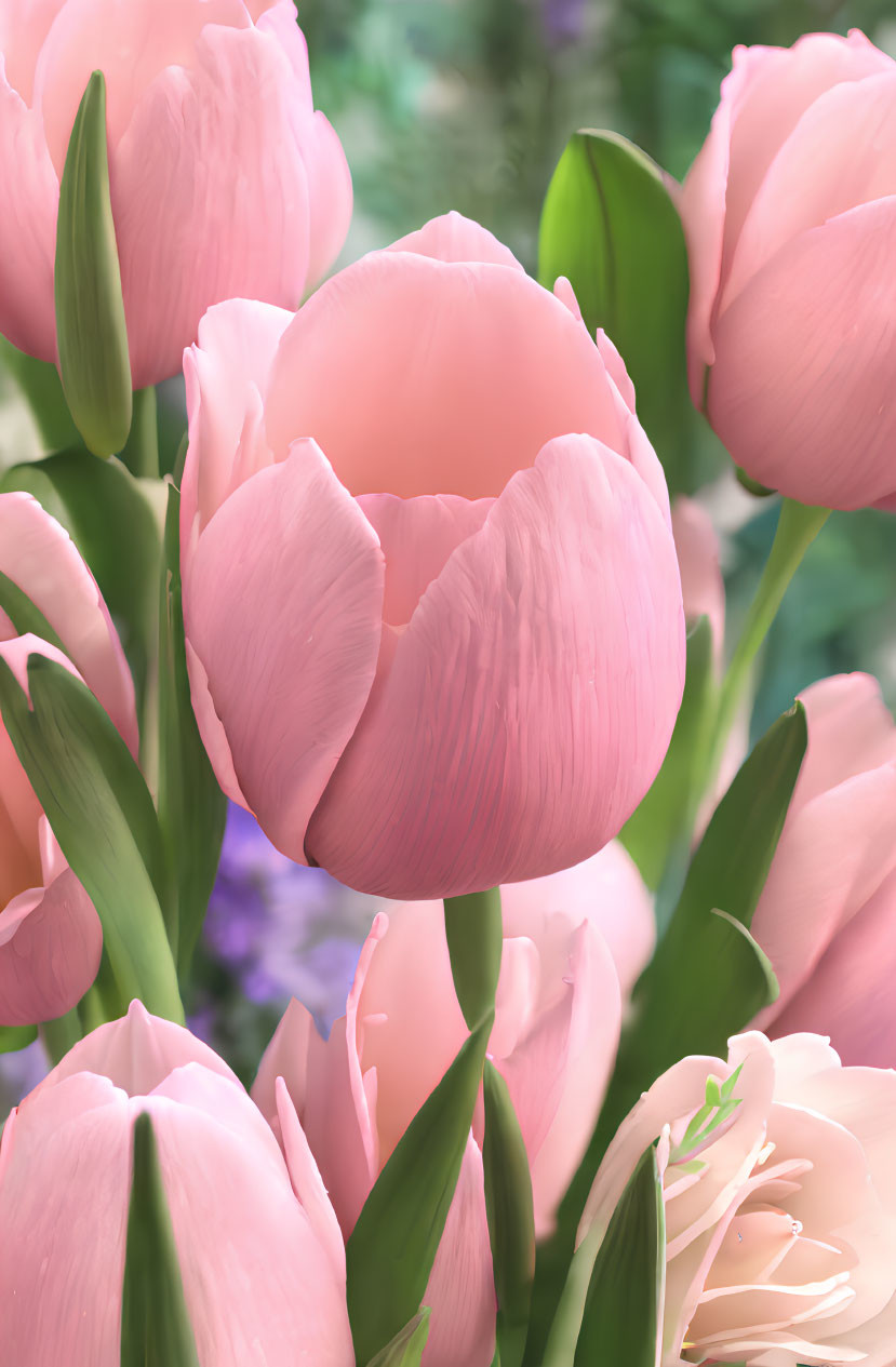 Pink Tulips Close-Up with Soft Petals and Blurred Floral Background