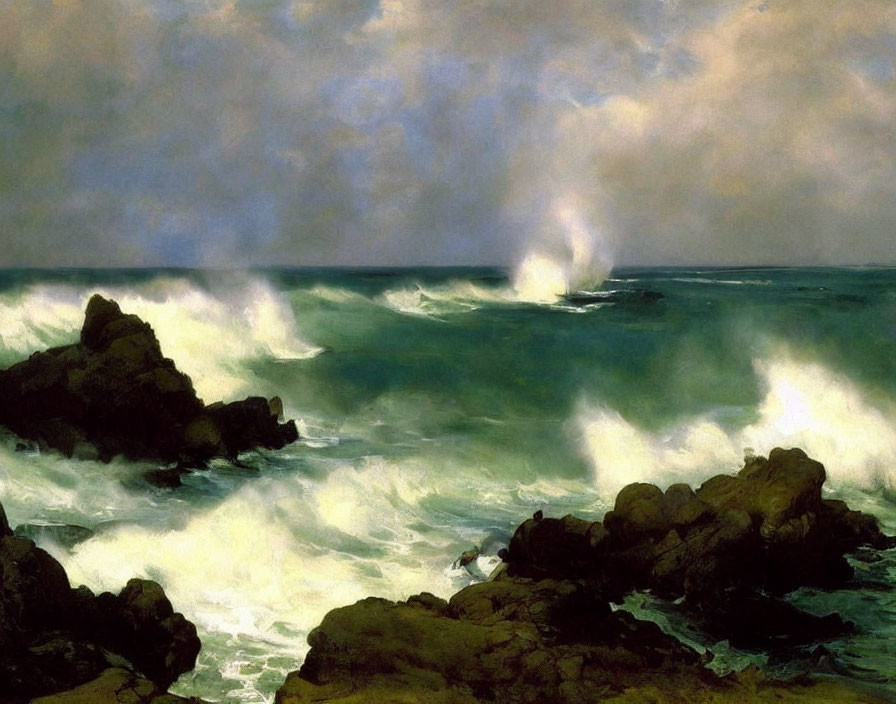 Stormy sea waves crashing against jagged rocks in a painting