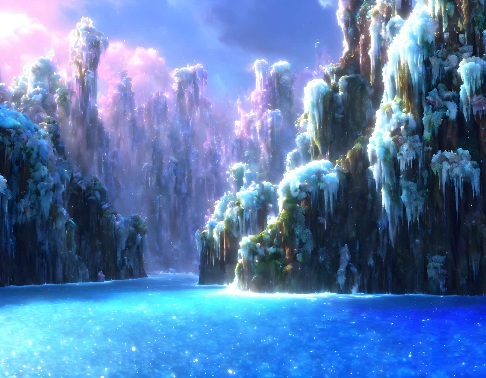 Majestic frozen landscape with ice cliffs, waterfalls, blue lake