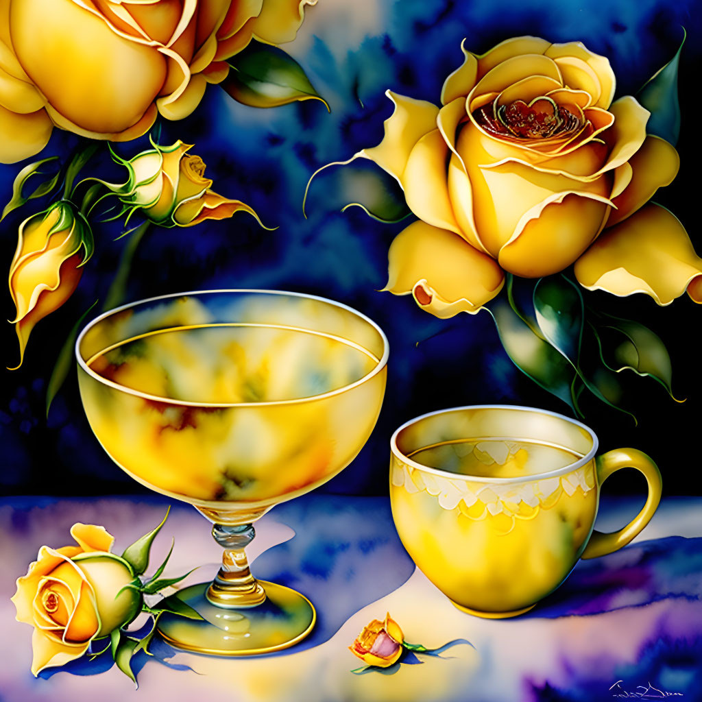 Vibrant digital painting: Yellow roses, goblet, and teacup on blue background