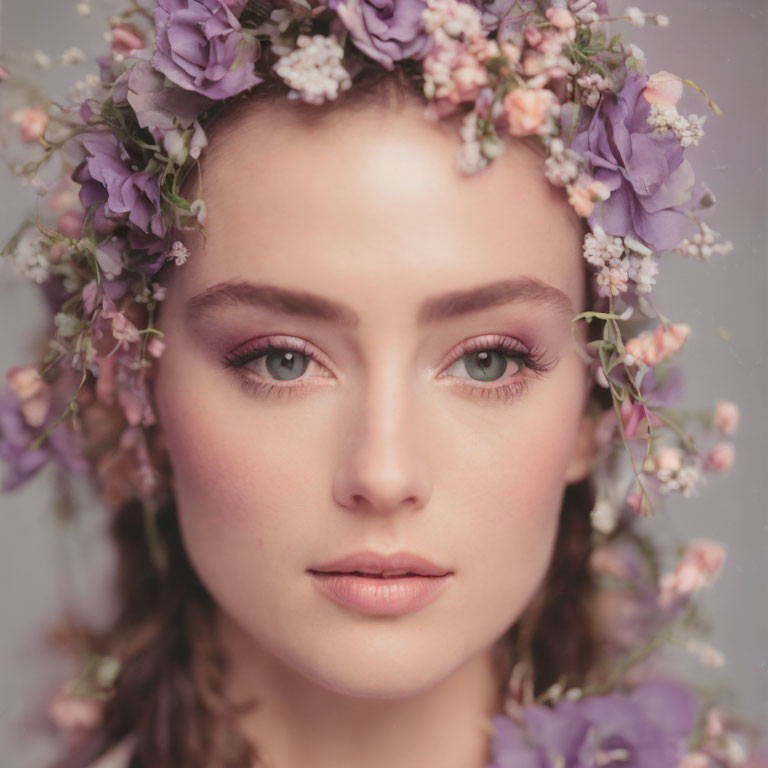 Woman wearing purple floral crown and subtle makeup.