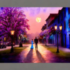 Wedding couple under full moon in twilight scene