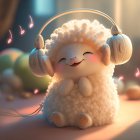 Animated lamb with headphones in colorful, whimsical scene