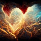 Fiery vortex forming heart shape amidst celestial bodies
