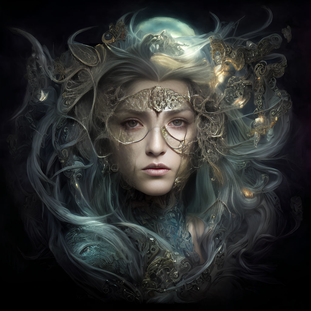 Mystical woman with golden mask and halo, surrounded by swirling silver hair