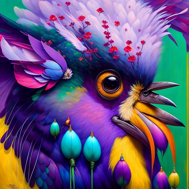 Vibrant bird illustration with purple, blue, and green plumage