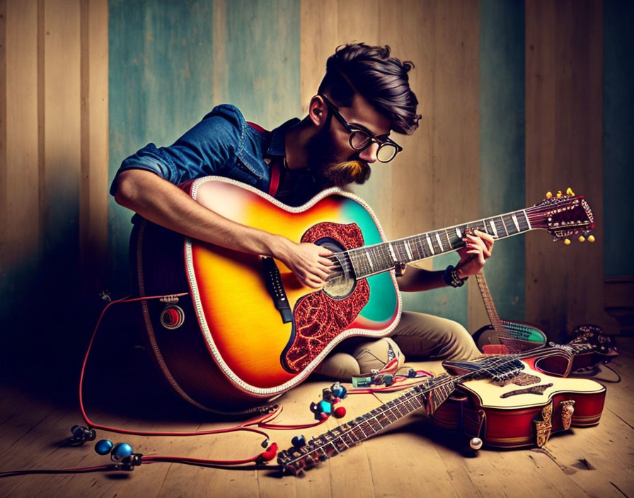 Bearded man playing guitar in music-filled room
