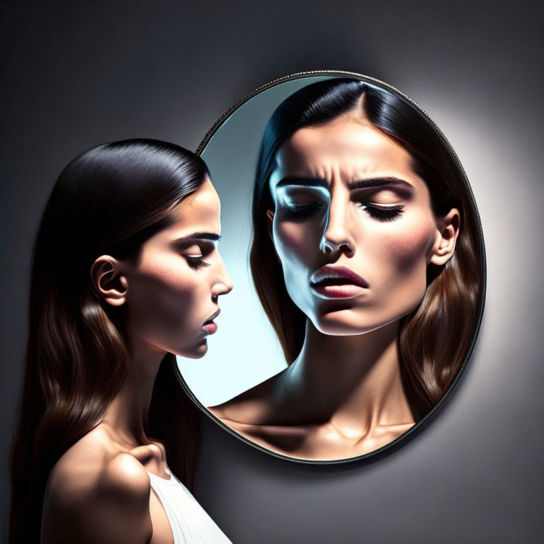 Woman's contrasting reflection in round mirror: concern vs. neutrality