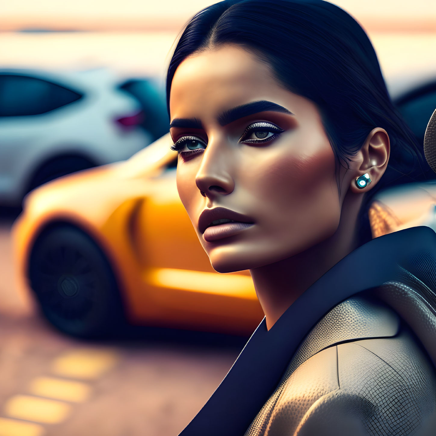 Digital Artwork: Woman with Striking Makeup and Sports Car in Background