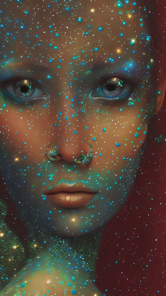 Cosmic-themed close-up portrait of a woman with star-like speckles on her skin