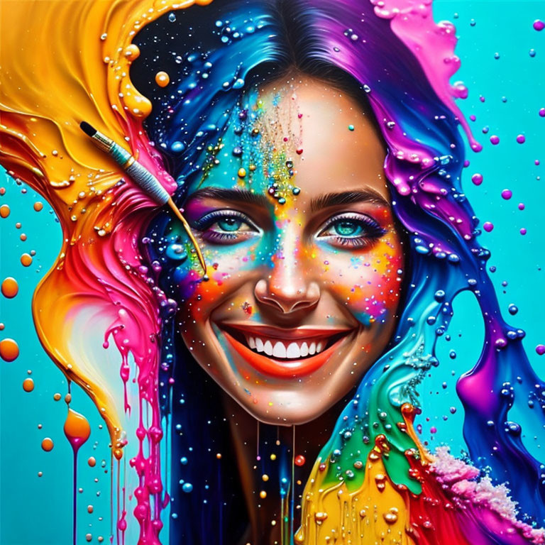 Colorful digital artwork: Woman's face with paint splashes
