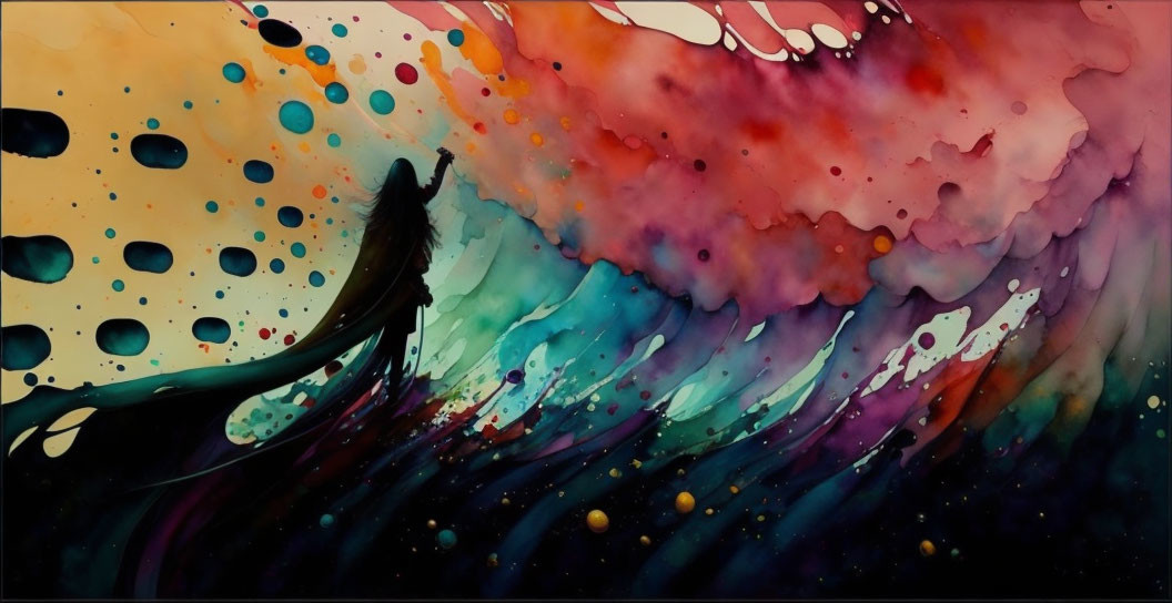 Colorful paint splashes surround silhouette in vibrant artwork