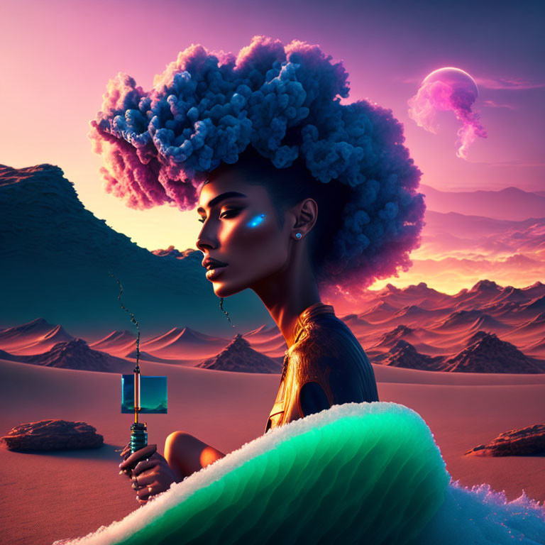 Surreal portrait: Woman with cloud hairstyle, desert landscape, purple sky, large moon