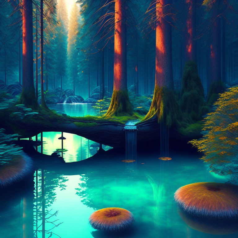Ethereal forest scene with vibrant blue hues and glowing mushrooms