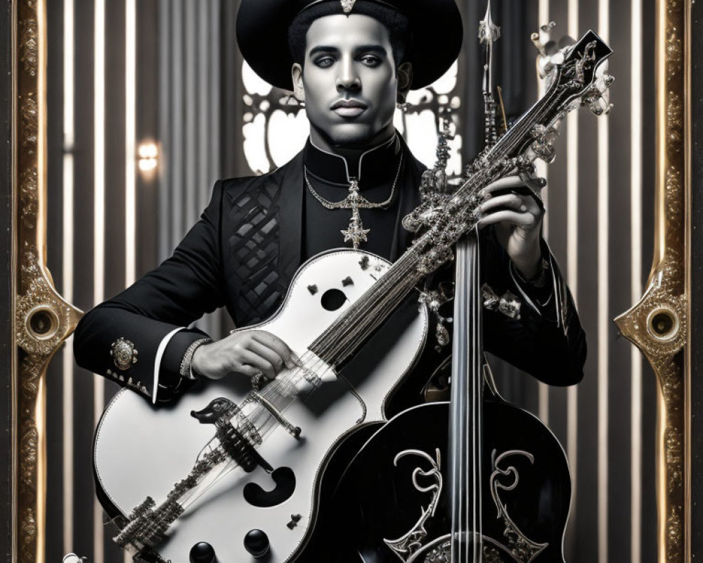 Man in ornate black outfit with wide-brimmed hat holding white, elaborate guitar on striped background