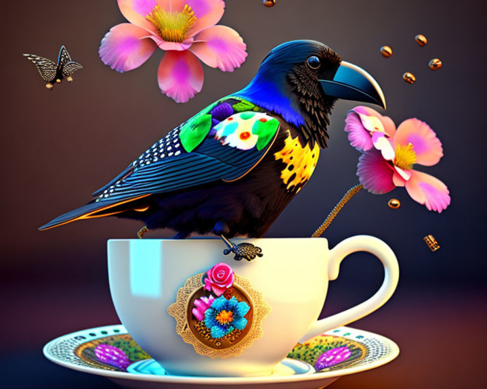 Colorful Bird on Ornate Teacup with Flowers and Butterfly