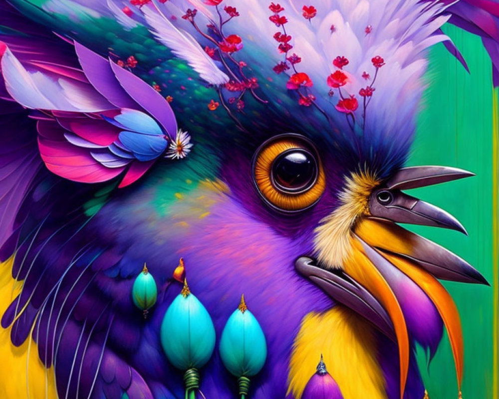 Vibrant bird illustration with purple, blue, and green plumage