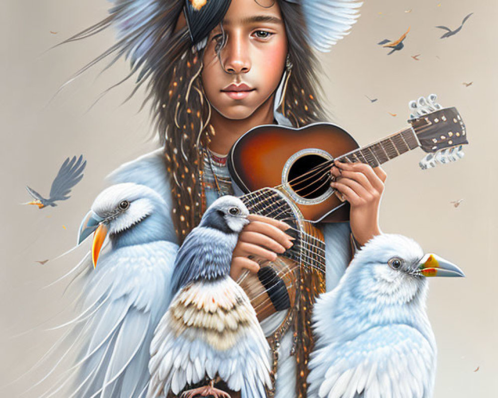 Girl with angelic wings plays guitar surrounded by birds in harmonious scene