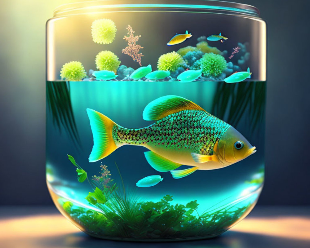 Colorful fish in vibrant aquarium with marine life, plants, and coral
