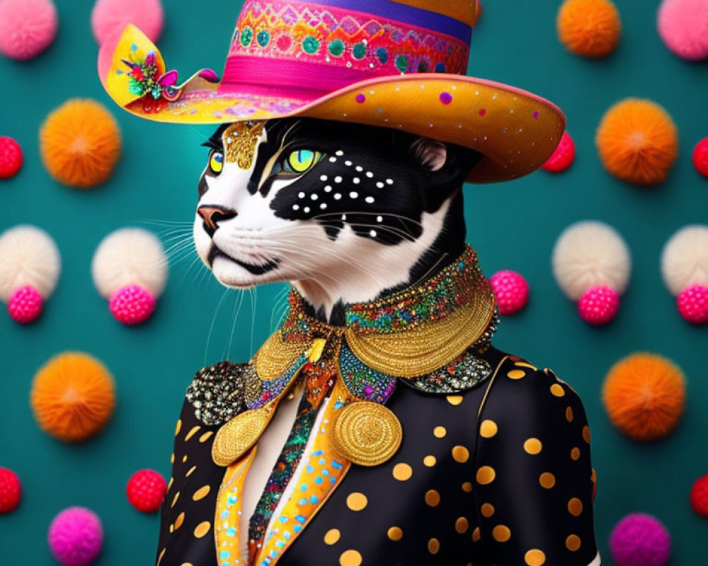Colorful Cat in Human-like Pose with Hat and Jewelry on Polka-dotted Background