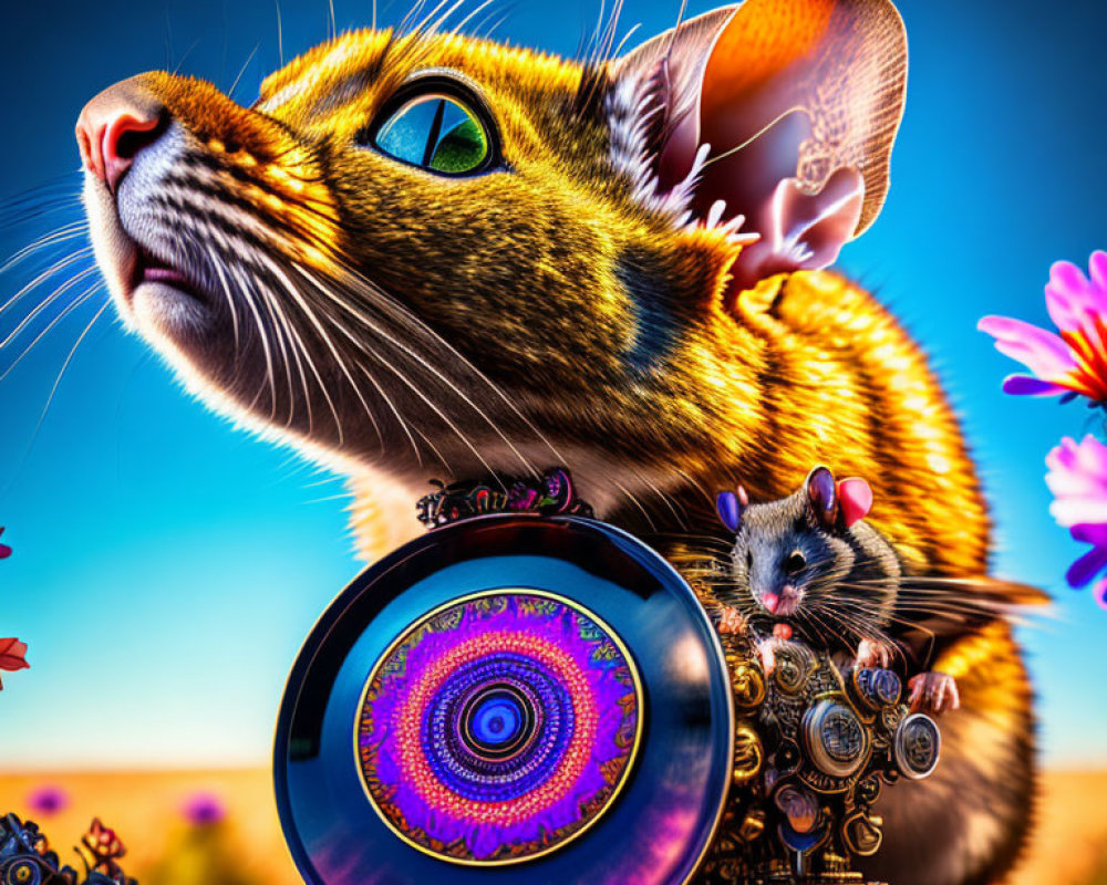 Colorful artwork: Large cat and mouse with compass among vibrant flowers under blue sky