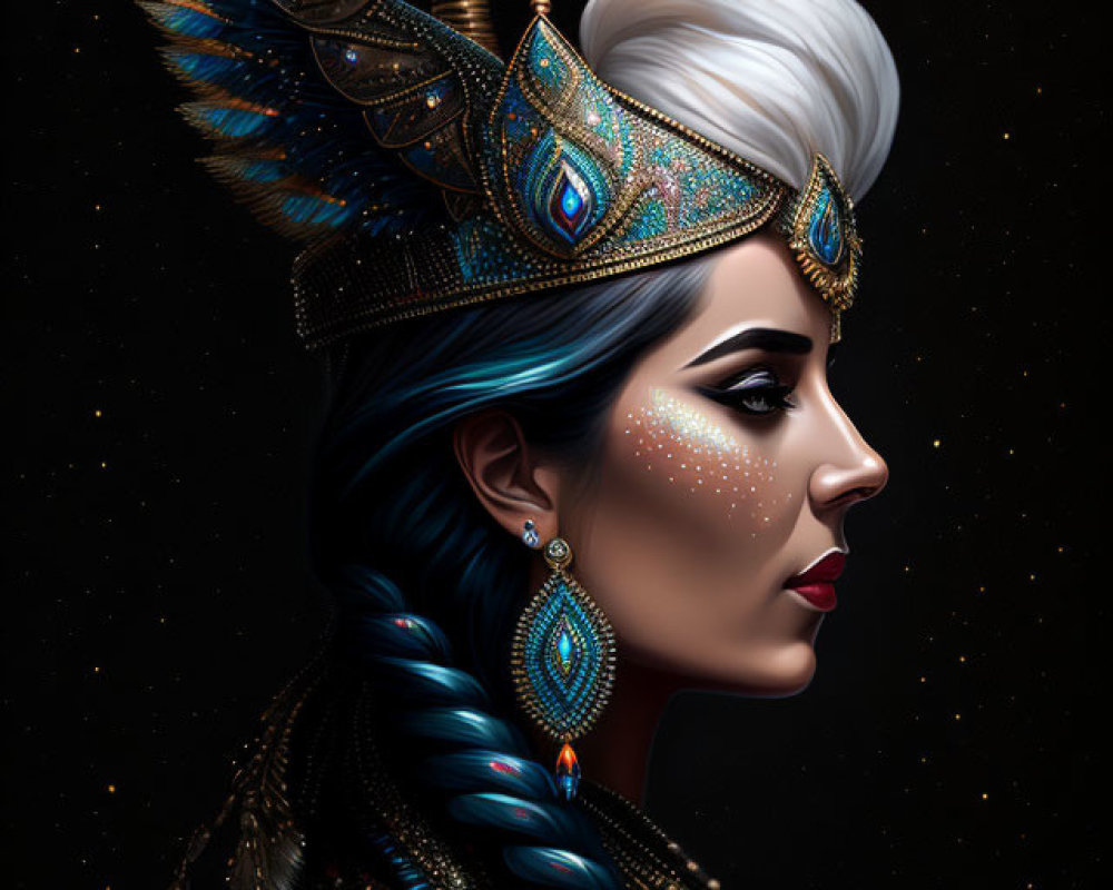 Digital artwork of woman in profile with ornate headdress, feathers, jewels, starry background