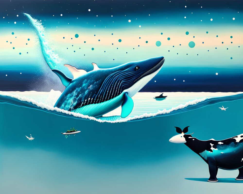Surreal illustration: giant whale leaping from sea into night sky, with boats and cow on